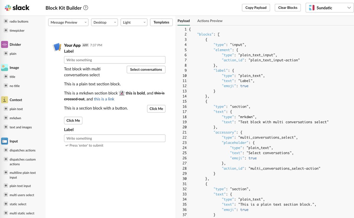 JSifalda's tweet image. 2/4 A hidden gem in this journey is the Block Kit Builder. It's a fantastic tool that Slack offers, allowing you to compose and visualize message elements seamlessly. #SlackAPI #BlockKitBuilder
