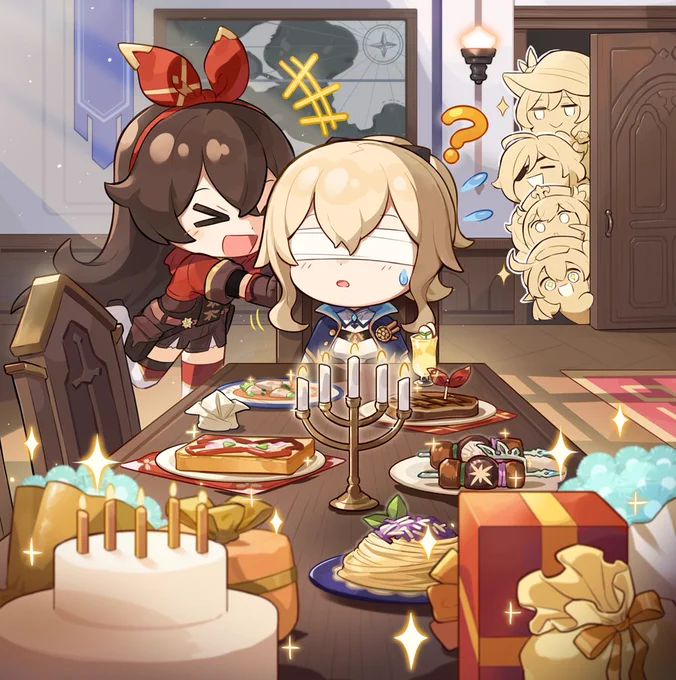 what this person pointed out is that in kaeya's and jean's respective birthday illustrations they're both sitting at the same table but in different seats  