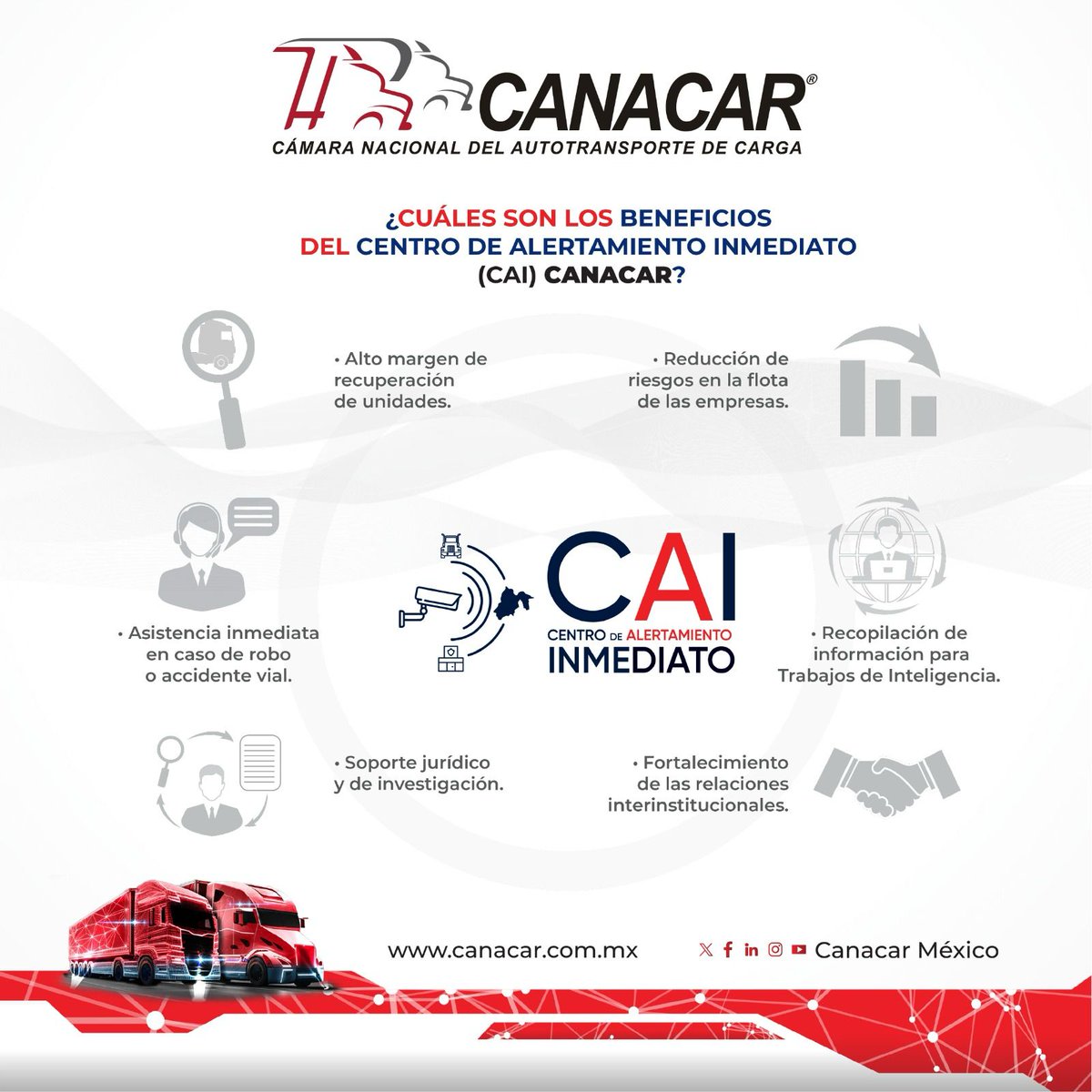 canacarmexico's tweet image. #CANACAR se preocupa por la seguridad de tu empresa y la de tus operadores. 

En colaboración con las autoridades y #Geckotech han sido desarrollados los Centros de Alertamiento Inmediato (CAI), un webservice para recibir notificaciones de las unidades de #autotransporte de carga…