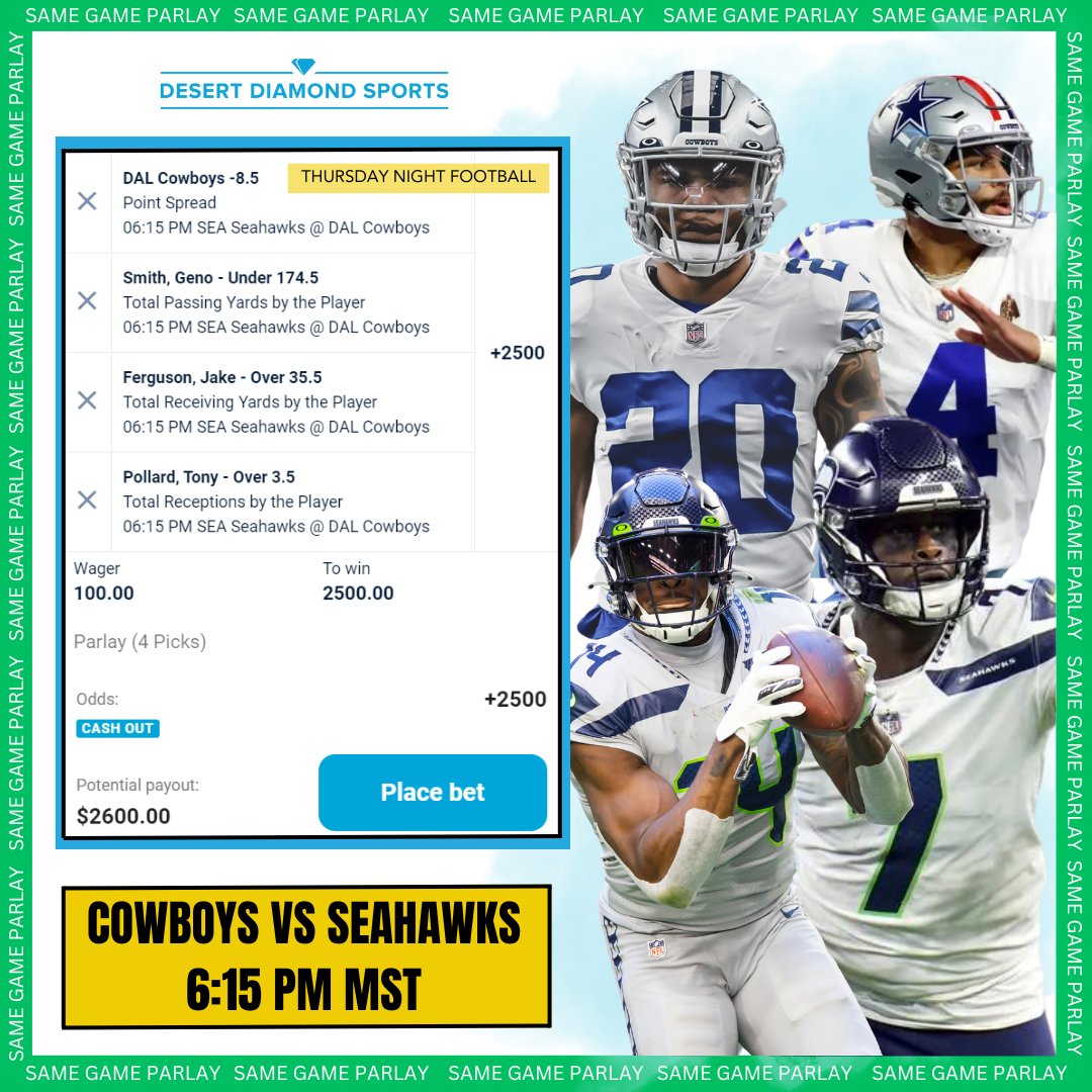 🏈COWBOYS VS. SEAHAWKS. An intense matchup and a well-played 4 pick parlay can potentially win you $2,600! Sounds like a great Thursday Night to us!

*Odds are subject to change.

#ddsportsaz #sportsbook #cowboys #seahawks #thursdaynightfootball #betlocal #winlocal