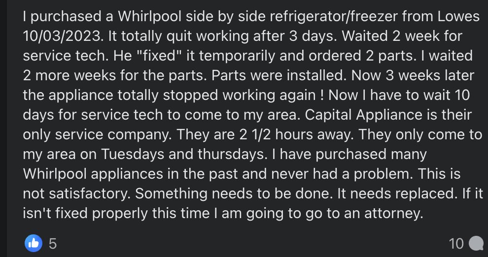 EmergentSoul's tweet photo. More @WhirlpoolCorp  @whirlpoolusa  - these are more dissatisfied customers. https://t.co/YsHuZInhR0