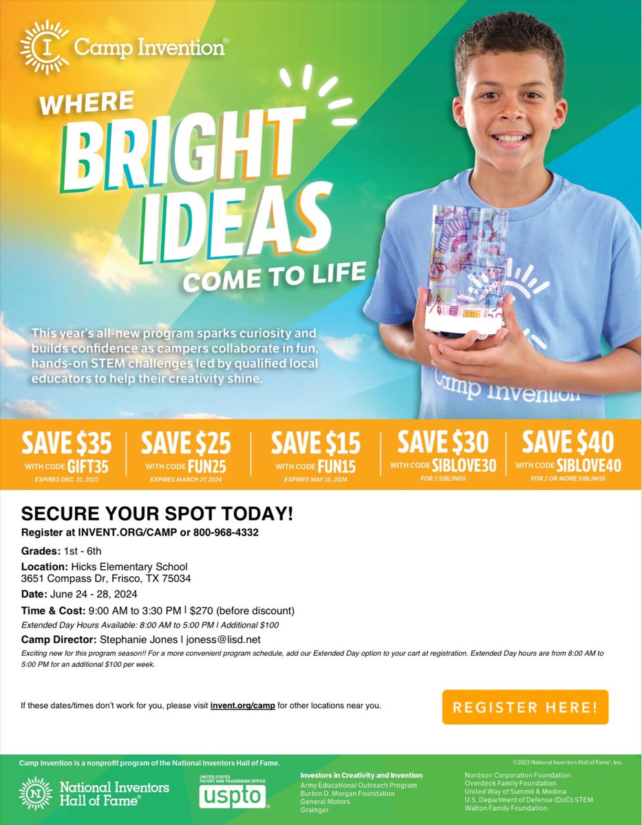 Here we go again!! Excited to share that Camp Invention is coming back to Hicks Elementary Summer 2024! The theme this year is Illuminate! Mark your calendars for the week of June 24th - June 28th. See registration and promotional information below! Can’t wait to see our campers!