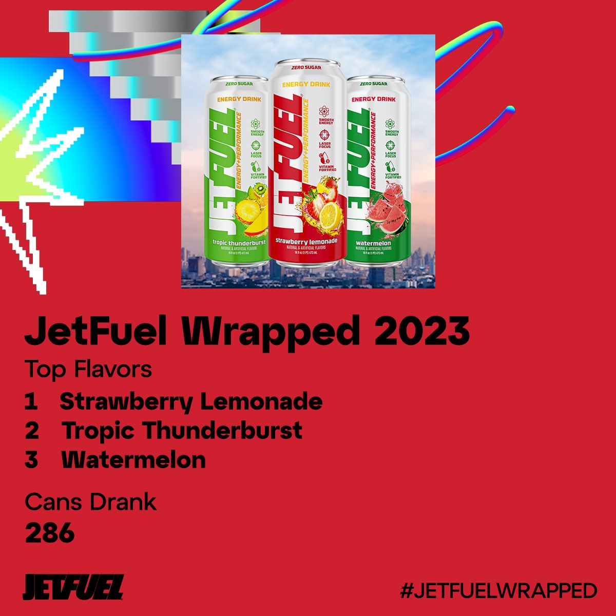 jetfuelenergy's tweet image. 🚀Here's our JetFuel Wrapped 2023 : From the September launch to now, every sip counted. Months of enjoying Strawberry Lemonade, Tropic Thunderburst, and Watermelon! What's your favorite flavor this year? 
#JetFuelWrapped #ReadyJetGo #JetFuelEnergy