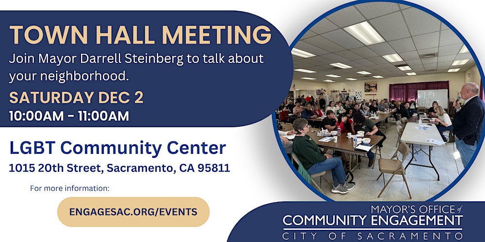 Explore Midtown (@exploremidtown) on Twitter photo Join <a href="/Mayor_Steinberg/">@Darrell_Steinberg</a> and the Mayor's Office of Community Engagement for a town hall discussion at the <a href="/SacLGBTCenter/">SacLGBTCenter</a> on December 2 from 10 - 11 a.m. Learn more here: engagesac.org/events Join <a href="/Mayor_Steinberg/">@Darrell_Steinberg</a> and the Mayor's Office of Community Engagement for a town hall discussion at the <a href="/SacLGBTCenter/">SacLGBTCenter</a> on December 2 from 10 - 11 a.m. Learn more here: engagesac.org/events