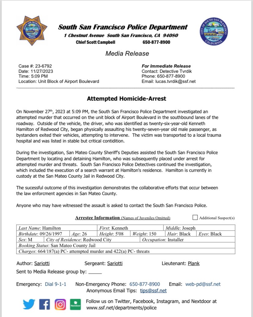 ATTEMPTED HOMICIDE ARREST: On 11-27-23, 26-year-old Kenneth Hamilton of Redwood City, assaulted his own passenger outside of his vehicle The victim sustained major injuries and was listed in stable but critical condition. Thank you to the <a href="/SMCSheriff/">San Mateo County Sheriff's Office</a> for locating the suspect!