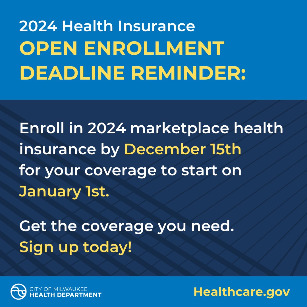 Enroll in 2024 marketplace #healthinsurance by December 15th for your coverage to start on January 1st. More information at healthcare.gov

Need assistance? MHD's Community Healthcare Access Program (CHAP) is here to help:➡️milwaukee.gov/CHAP

#openenrollment
