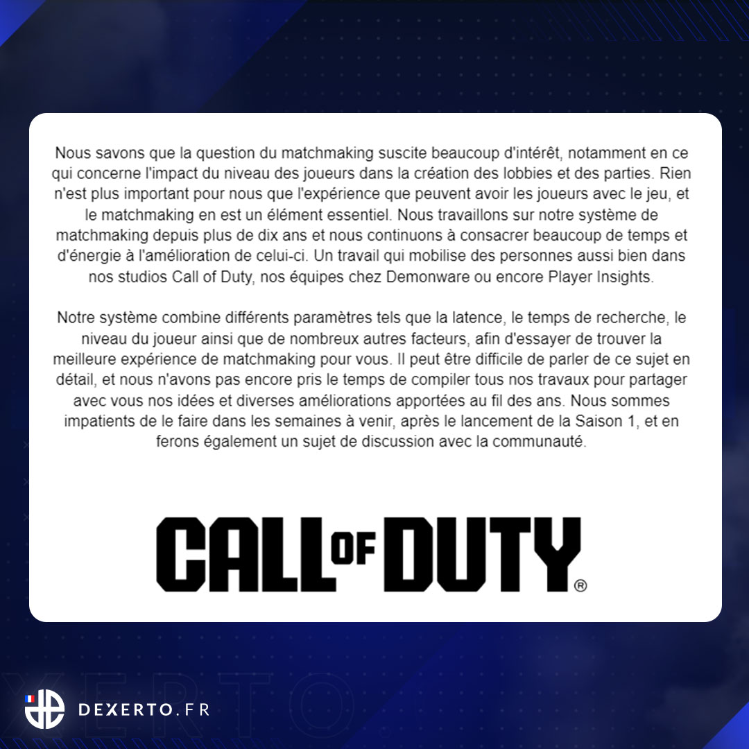 DexertoIntelFR's tweet image. 🚨 SBMM / MATCHMAKING 🚨 Pour la toute première fois, l'équipe Call of Duty évoque enfin son matchmaking et semble vouloir jouer la carte de la transparence :

Le matchmaking "combine la latence, le temps de recherche, le skill, ainsi que de nombreux autres facteurs". Plus…