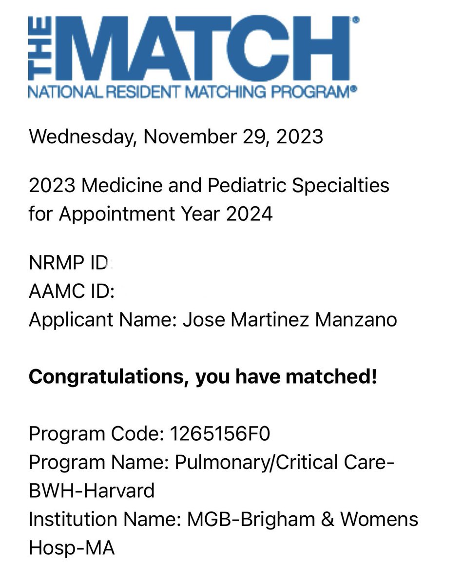 After a great and humbling interview season, I am happy to share that I matched at Brigham and Women’s Hospital for #PCCM fellowship!
It has been a long road with no shortcuts but plenty of people and experiences that made it worthwhile. 
#matchday2023 
#match2023 #BWH #Harvard