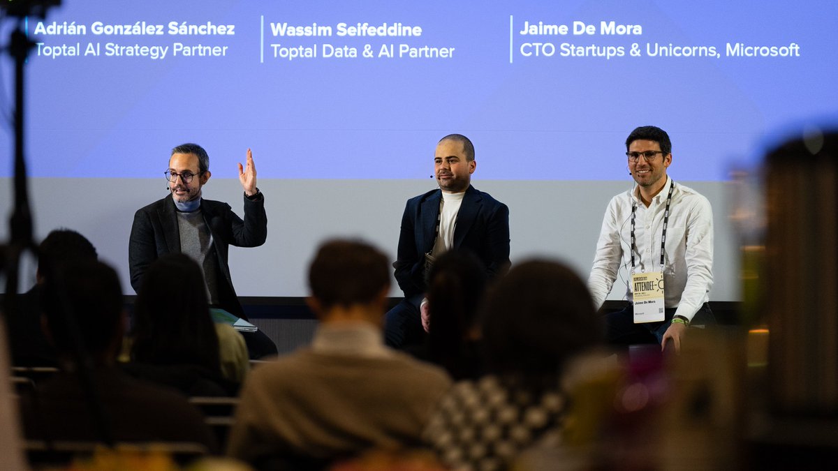 toptal's tweet photo. Day 1 at @SlushHQ and the event was buzzing. @adriangs86 hosted a panel with @msft4startups CTO Jamie De Mora and Toptal Data &amp; AI Partner Wassim Seifeddine. We also met with @Airbus and innovative startups to discuss the growing need to find and develop #AI talent. #Slush2023 https://t.co/DSmdVgNqc5