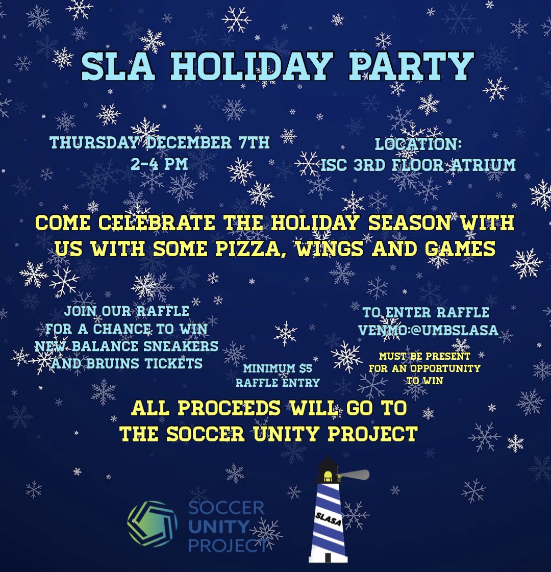 Calling all SLA students‼️Join us on Thursday the 7th from 2-4 PM for our SLA Holiday Party. You won’t want to miss the fun, let’s end off this semester with a bang ❄️