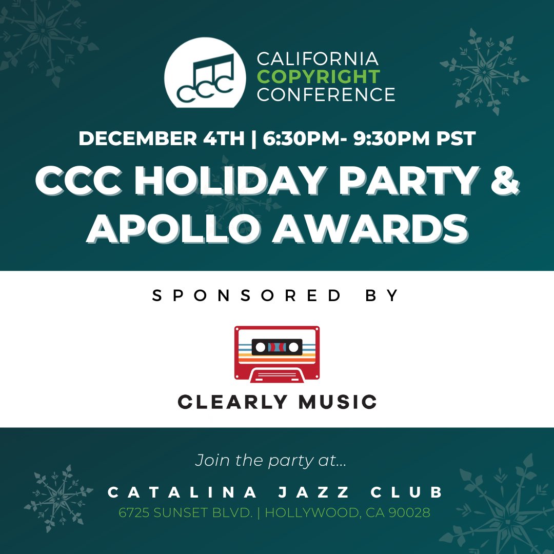 cacopyright's tweet photo. Many thanks to our December 4th Holiday Party &amp; Apollo Awards sponsor, @MusicClearly, a full scale Music Supervision company, specializing in creative music sourcing, music clearance and music licensing for all forms of media.
Sign up here, https://t.co/qgHbiJjqzK. https://t.co/FAK0h1iNvB