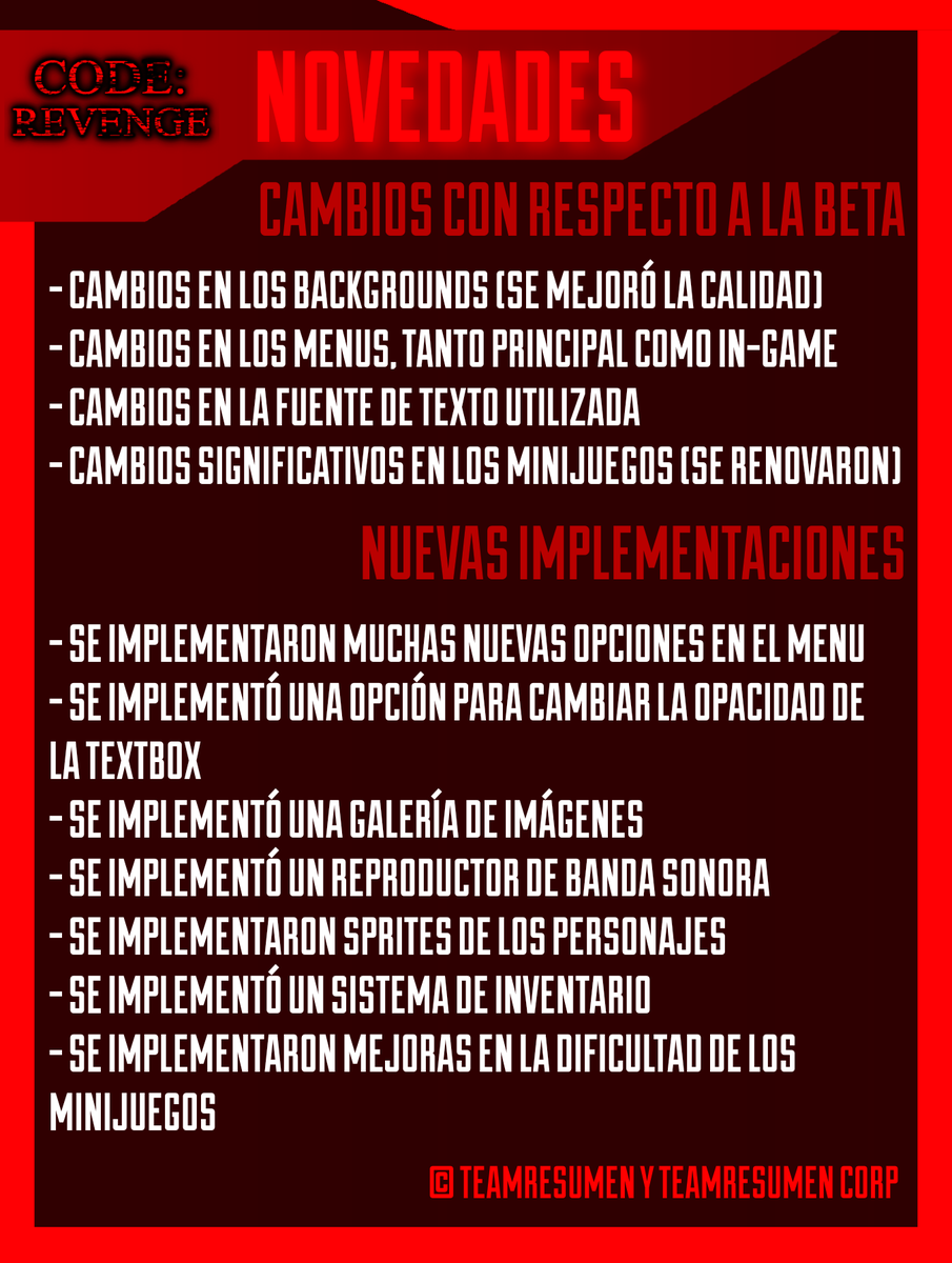 TeamResumenFola's tweet photo. BUENAS!

Hace tiempo que no traíamos novedades de #CodeRevenge , ¡pero eso acaba hoy! 🙌

Les traemos novedades de todo tipo, esperamos que les agraden. 🔥

Debajo habrá imágenes de algunos de los cambios. 👀 https://t.co/AuNu6IzRSK