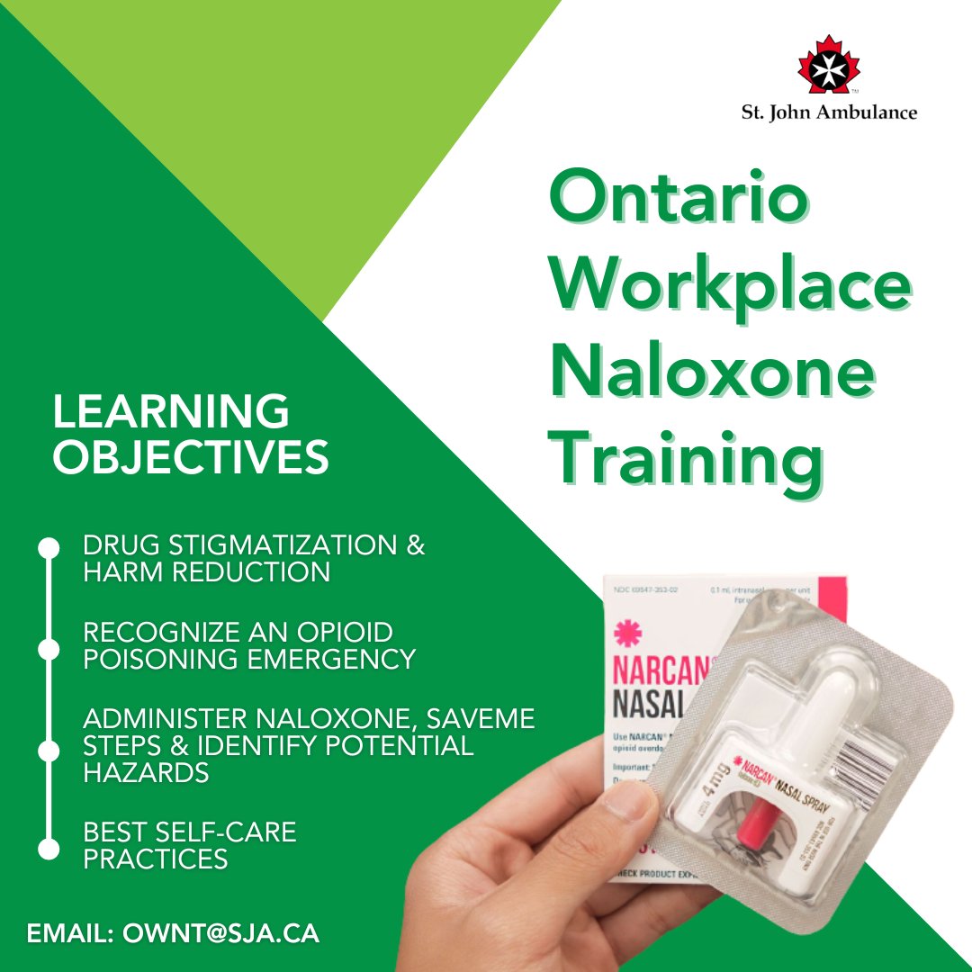 SJA is a provider for the OWNT program. Our role is to support employers that are required under the OHSA to provide a naloxone kit in their workplace by offering free workplace naloxone training for up to 2 workers and/or 1 free naloxone kit. Email OWNT@sja.ca for more info!