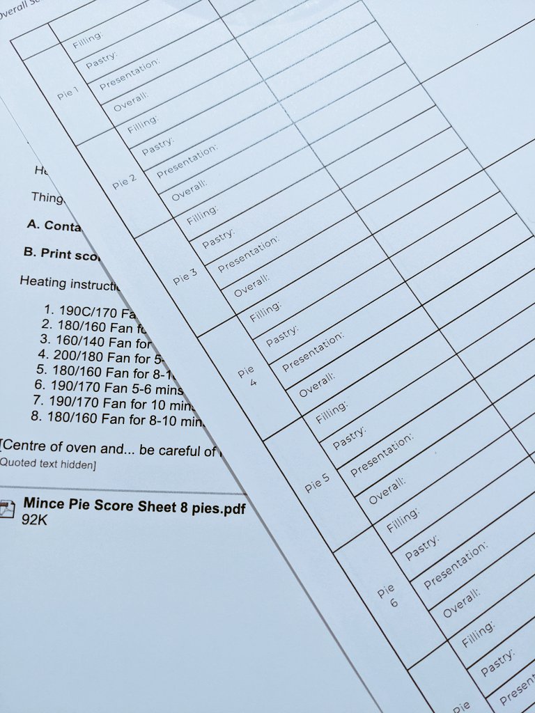 Raisinmeister's tweet photo. Pies are out.
Score sheets printed.
Heating instructions ready for #TeamWarm.
It's nearly pie time!
(@BettyShmem if you mention iced pies again I'll mute you) https://t.co/AE1eJD2SwF