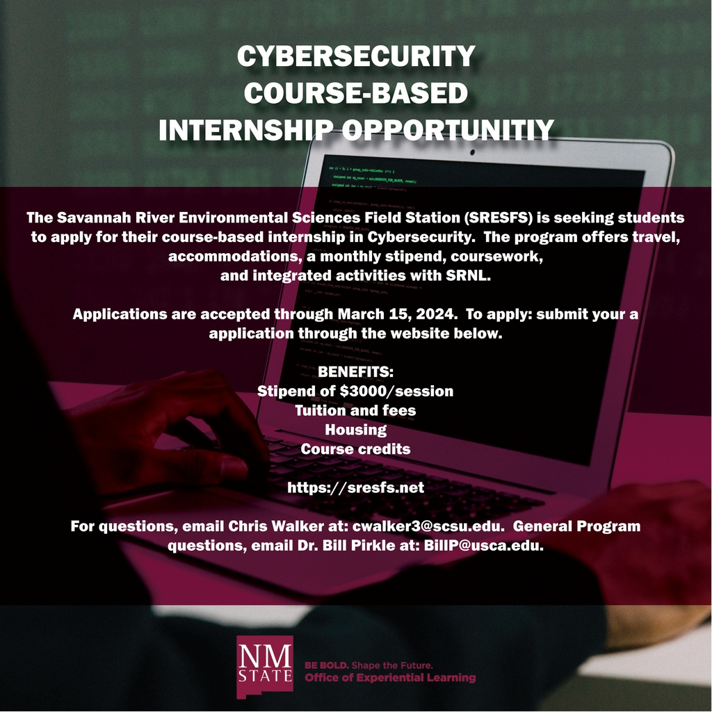 nmsuacs's tweet photo. ✨Course Based Internship Opportunity✨ The Savannah River Environmental Sciences Field Station is looking for NMSU students interested in Cybersecurity! There are many benefits within this program. For more information visit https://t.co/hMmfLDuZ3V 🤩

#NMSUBound #NMSUAggies https://t.co/3BgLN0hIku