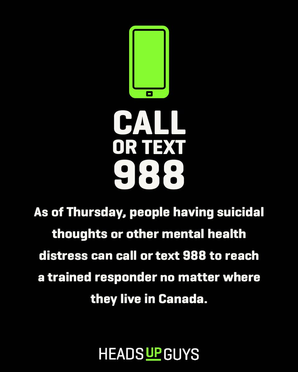 HeadsUpGuys's tweet image. As of Thursday, people having suicidal thoughts or other mental health distress can call or text 988 to reach a trained responder no matter where they live in Canada.

globalnews.ca/news/9852199/c…