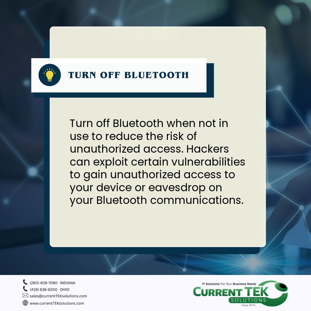 currentTEK's tweet image. ✨ Useful Cybersecurity Tips💡

TURN OFF BLUETOOTH ᯤ

#CybersecurityTips #cybersecurity #turnoffbluetooth #bluetooth #smartdevices