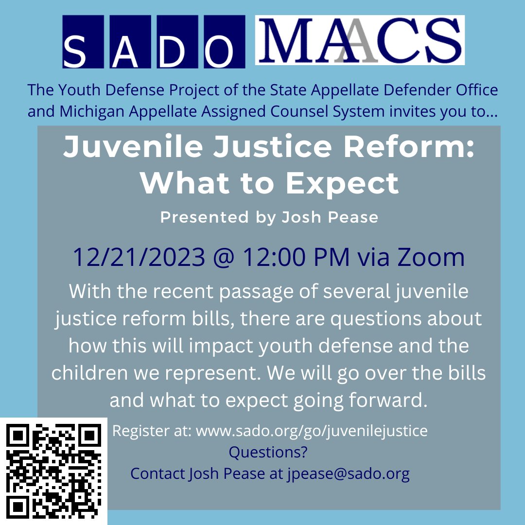 Join Youth Defense Project Director Josh Pease on December 21 @ noon for "Juvenile Justice Reform: What to Expect." Check out the flyer for more information, including a registration link.