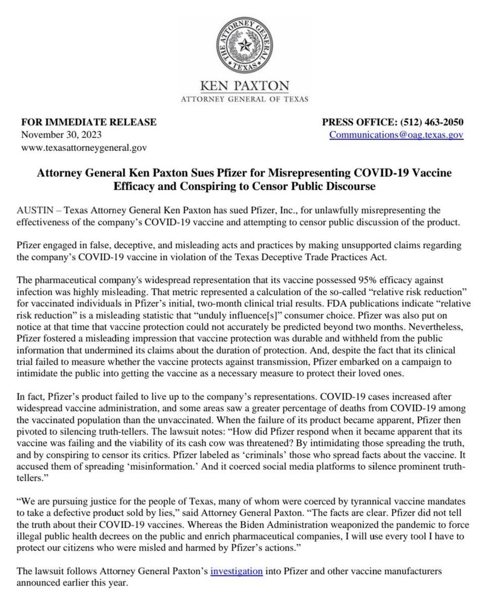 KenPaxtonTX's tweet image. BREAKING:🚨 I am suing Pfizer for misrepresenting Covid-19 vaccine efficacy and conspiring to censor public discourse.