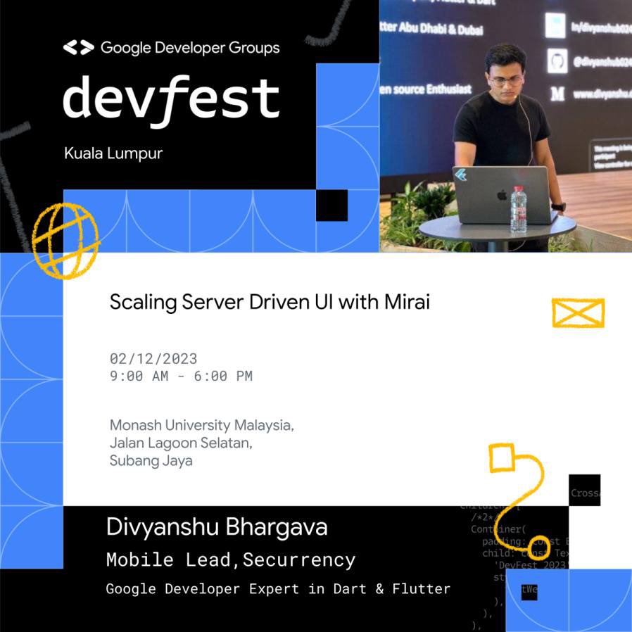 divyanshub024's tweet photo. This week at Devfest Kuala Lumpur, I’m excited to share insights on Scaling Server Driven UI with Mirai! ✨

Join me for a deep dive into the future of UI development. Looking forward to catching up with everyone there – let’s connect if you around! 🙌

#DevfestKL #Mirai #Flutter https://t.co/Xpvop35Cdt