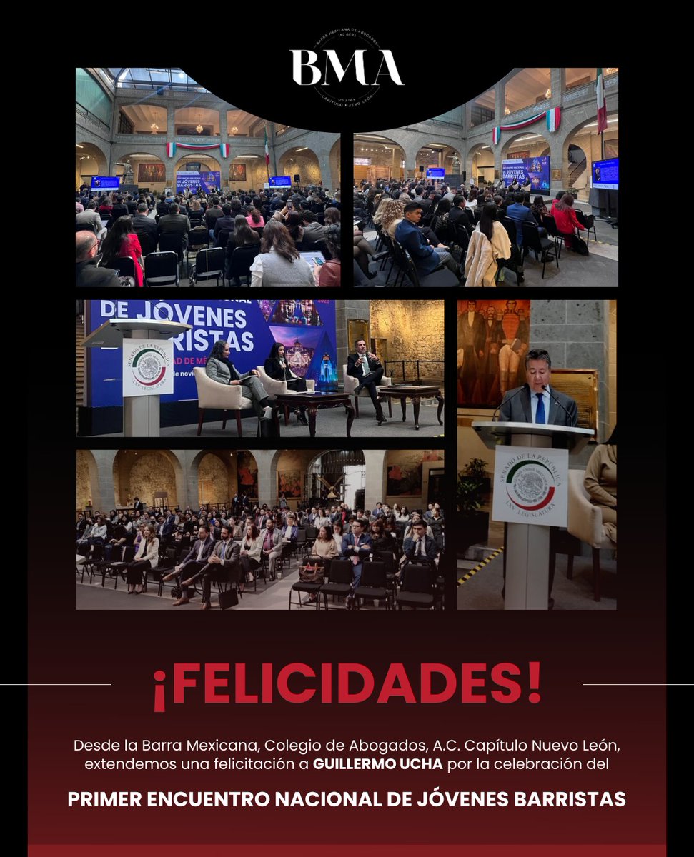El Capítulo Nuevo León de la Barra Mexicana, Colegio de Abogados, A.C. felicita calurosamente a Guillermo Ucha, Coordinador de la Comisión de Jóvenes Barristas, por llevar a cabo el Primer Encuentro Nacional de Jóvenes Barristas. ¡Enhorabuena!