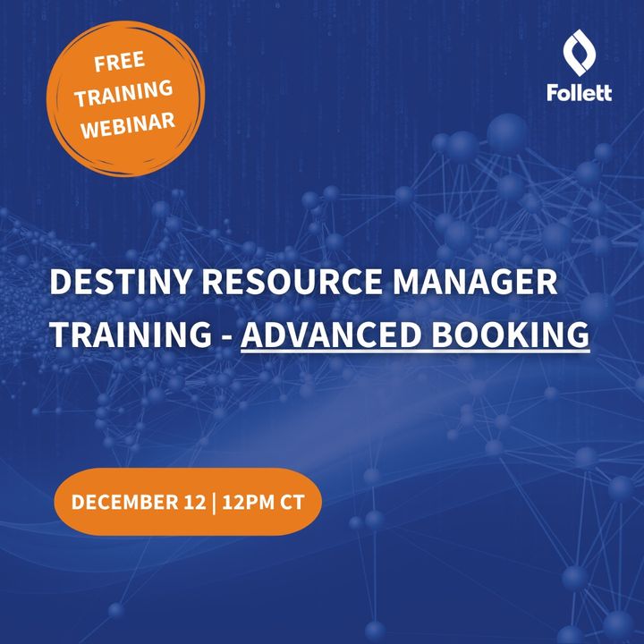 FollettSoftware's tweet photo. Want to learn how to share central resources using the Advanced Booking functionality in #DestinyResourceManager? Sign up for this #FollettWebinar: https://t.co/MnEuTSRhxT https://t.co/3jg10d5si8