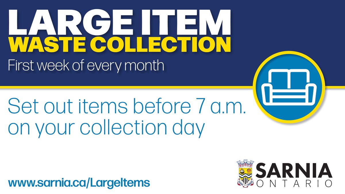 Dec. 4 to 8 is a large item collection week

Large item collection, for items like furniture, takes place the first week of every month. Have items out at the curb by 7 am on your regular collection day.

For a full list of accepted items visit sarnia.ca/LargeItems