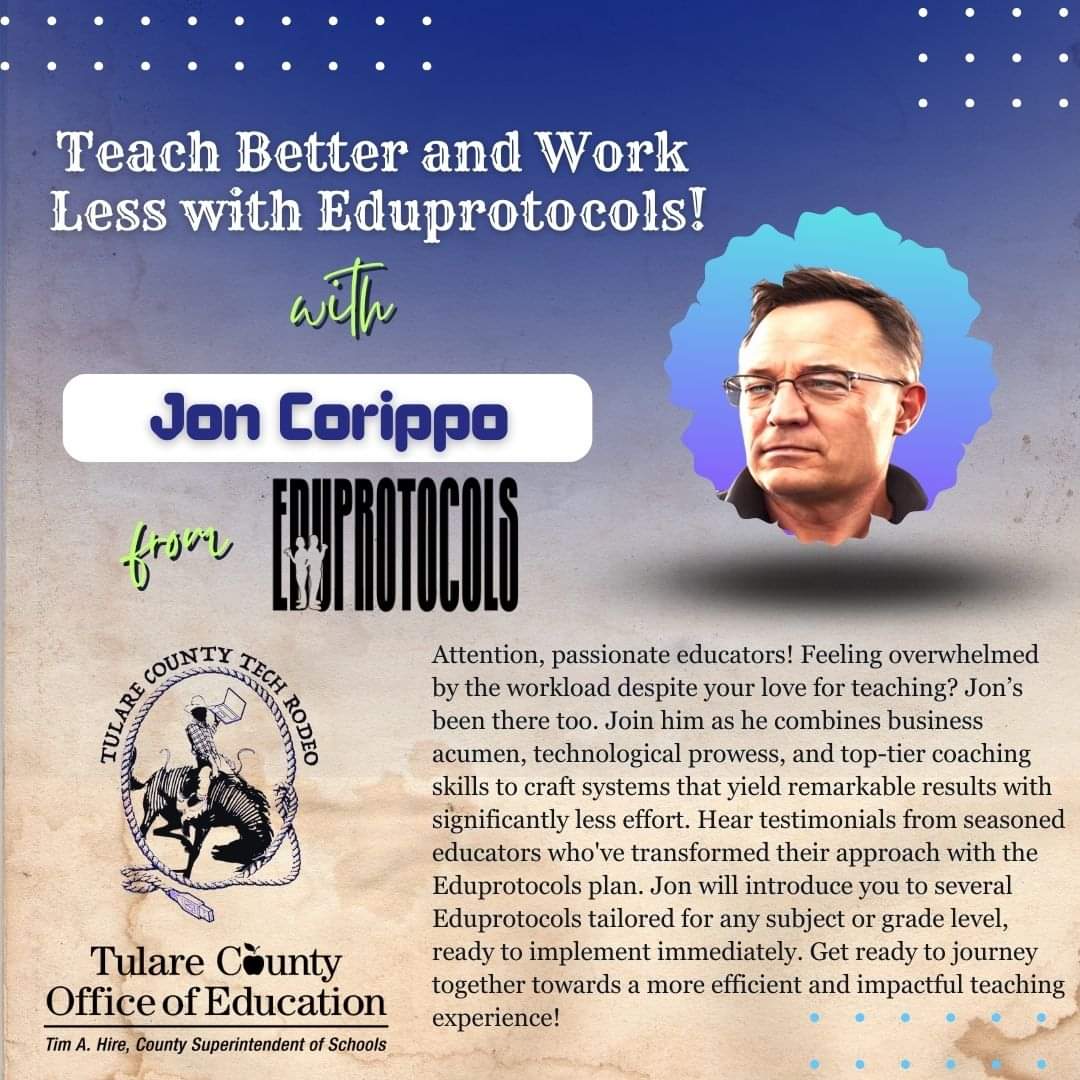 Come learn #eduprotocols with @jcorippo at Tech Rodeo on January 13! DM me for more information! #cvtechtalk #wearecue #somoscue #tularecoe