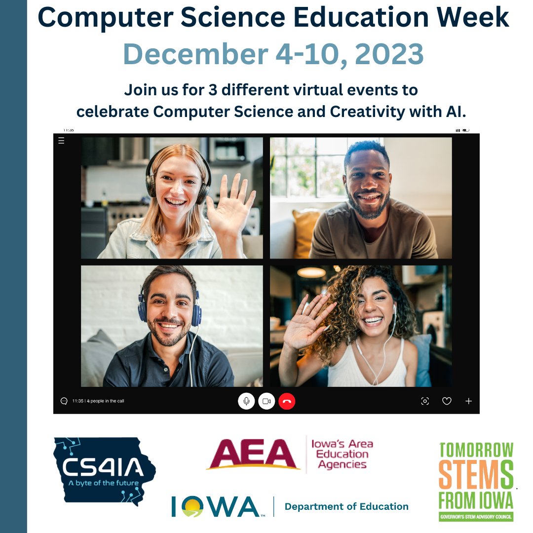 Register your MS/HS class to join us for a virtual panel of professionals discussing Pathways to AI Careers 12/5 at 11a. Learn more at tinyurl.com/IowaAEACSEvents #CS4IA @iowa_aea @IowaSTEM @IADeptofEd @IowaCSTA @itec_ia #iaedchat