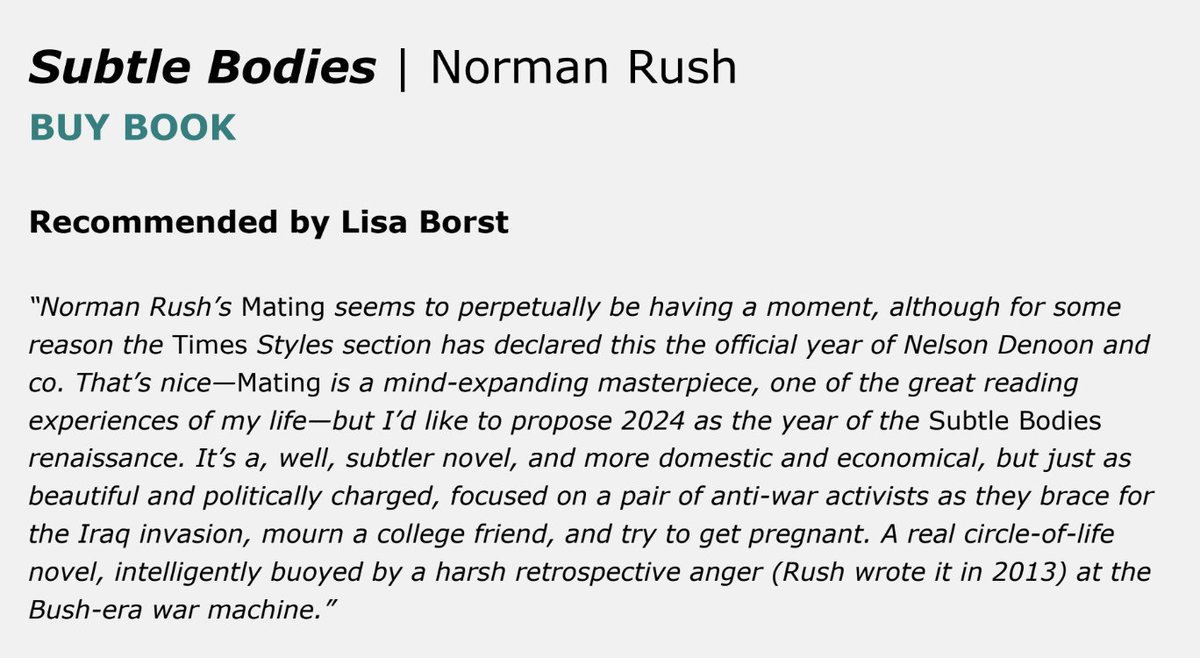 Bookmatch ends today! Personally, I tried to use this year’s quiz to manifest my 2024 trend forecast (massive outpouring of popular interest in Norman Rush’s gorgeous 2013 novel about the Iraq invasion and its opponents) secure.givelively.org/donate/n1-foun…