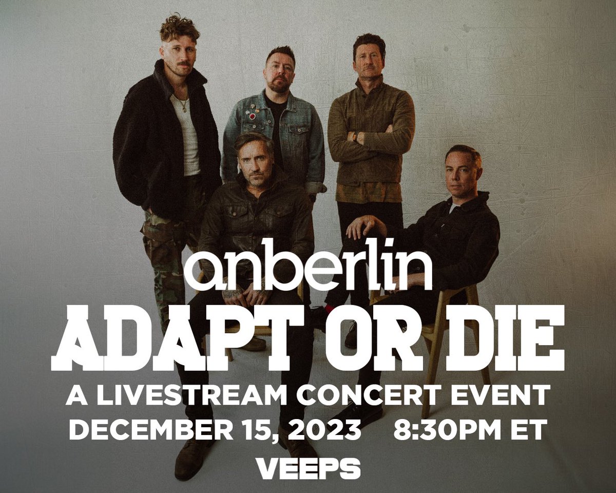 Since not all of you can be there for it, we’re bringing our December 15th show to the comfort of your own home! Adapt Or Die, live from The Ritz Ybor in Tampa, FL on December 15th. Get your ticket now: veeps.events/anberlin