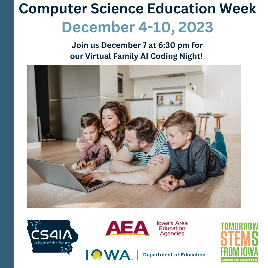 It's not too late for students and families to enjoy computer science activities during our Virtual Family AI Coding Night tonight at 6:30p. Register at tinyurl.com/IowaAEACSEvents. #CSEdWeek #CS4IA @iowa_aea @IowaSTEM @IADeptofEd @IowaCSTA @itec_ia #iaedchat