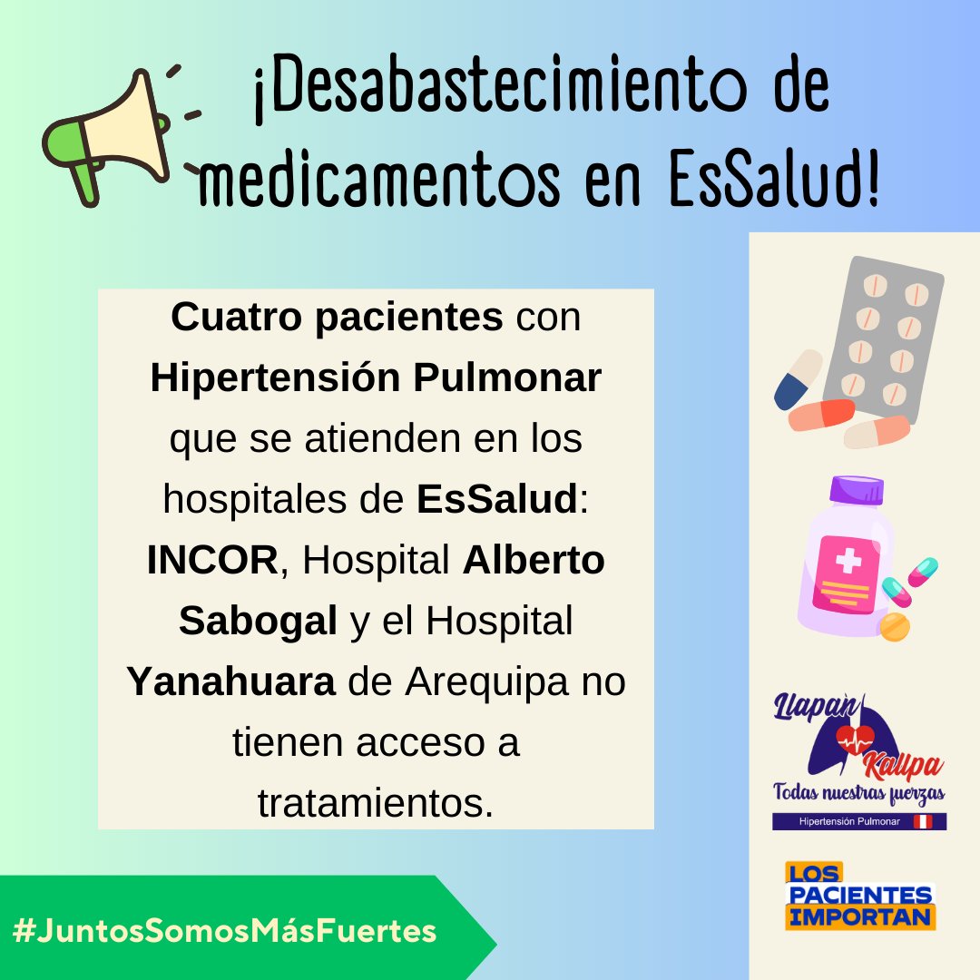 los_pacientes's tweet photo. ¡Otra vez!
📢 Desabastecimiento de tratamientos💊 para pacientes con hipertensión pulmonar en los hospitales del Seguro Social de Salud @EsSaludPeru 
Por ello, hemos solicitado reunión urgente al ministro de @MTPE_Peru + #EsSalud .
¡La salud de las pacientes no puede esperar más! https://t.co/lcMW1lOkzT
