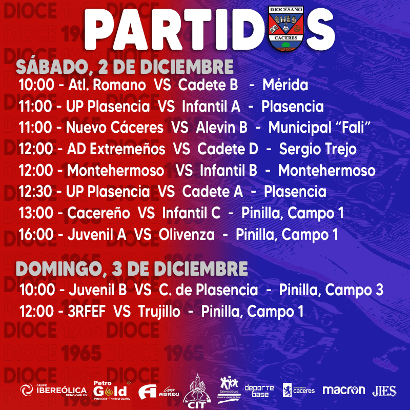 ❤️💙PARTIDOS❤️💙
Estos son los encuentros que nuestros equipos disputarán este fin de semana⬇️⬇️
¡¡TE ESPERAMOS!! ❤️💙
#VamosDioce #SiempreDioce