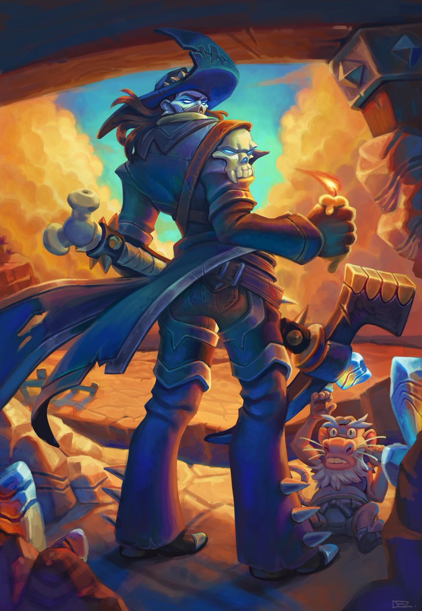 Signature card art for Reska the Pit Boss for <a href="/PlayHearthstone/">Hearthstone</a>!

Was really awesome to get to work in these hyper-saturated cool and warm tones! Also feeling bad for the kobold Reska is uh... borrowing the candle from...

Always fun to illustrate character designs I worked on 😊