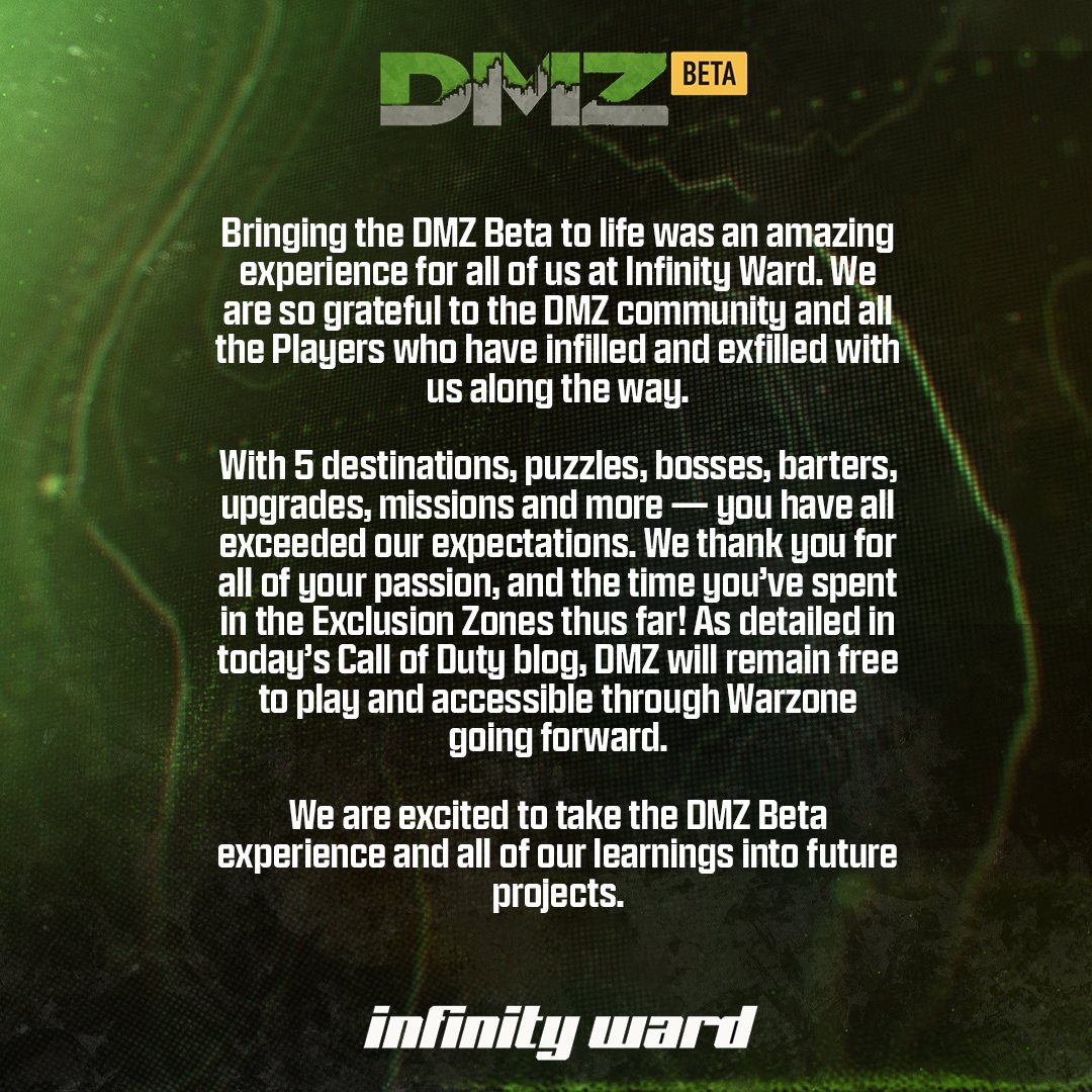 THANK YOU to the #DMZ community for making the Beta so special. Read more about the future of DMZ: callofduty.com/blog/2023/11/c…