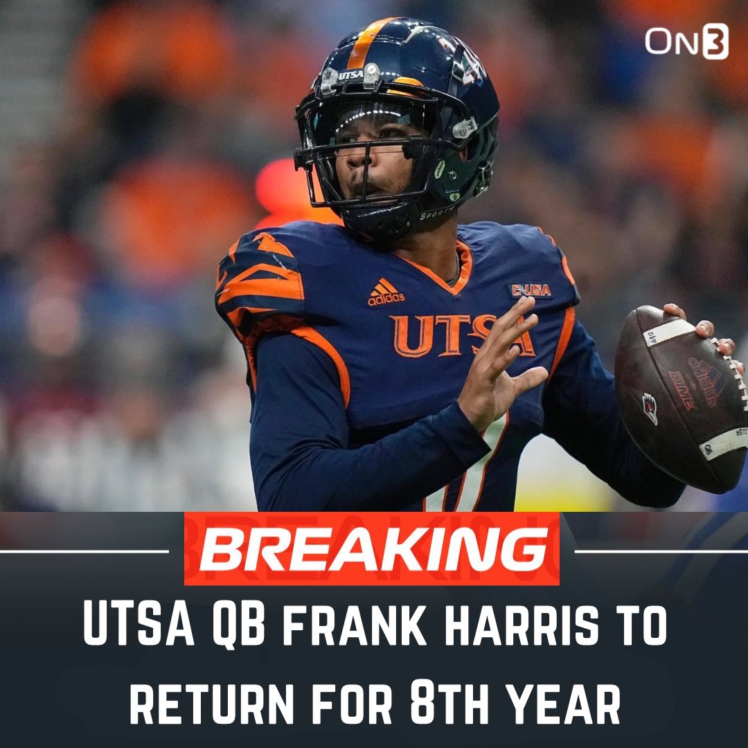 LiveFromUTSA's tweet photo. BREAKING: #UTSA QB Frank Harris will return to college football in 2024 per @on3 

https://t.co/52tDqxoMMY 

Harris will exercise his “cause why the hell not” eligibility option https://t.co/5A9MLa5Cjj