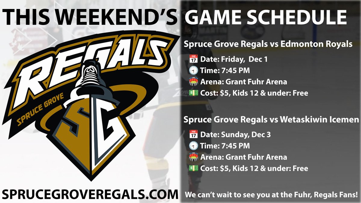 The Regals play 2 home games this weekend and look forward to seeing you at the Fuhr!

📅 Date: Friday, Dec 1 vs Edmonton Royals
🕣 Time: 7:45 PM

📅 Date: Sunday, Dec 3 vs Wetaskiwin Icemen
🕣 Time: 7:45 PM

🏟️ Arena: Grant Fuhr Arena
💵 Cost: $5, Kids 12 &amp; under: Free
#GoRegals