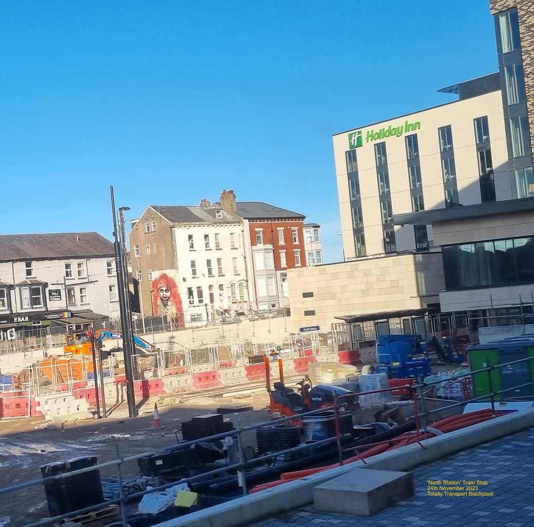 'Blackpool Friday' a view from the bus. #Blackpool 'North Station' new #tram stop and shelter visible in front of the nearly built <a href="/HolidayInn/">Holiday Inn by IHG</a> #Blackpool now taking bookings