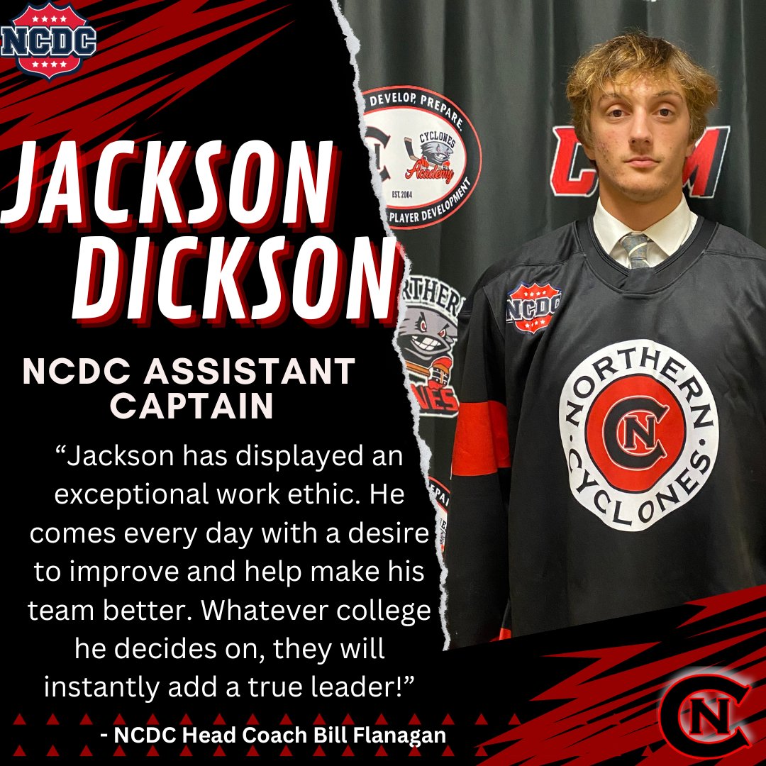 NJrCyclones's tweet photo. Congratulations to NCDC's Jackson Dickson on being named Assistant Captain! NCDC plays a two-game series against the Twin City Thunder this weekend, starting on the road tomorrow at 2:30. #rollclones #promoted #assistantcaptain https://t.co/Bc1DwaDCt6