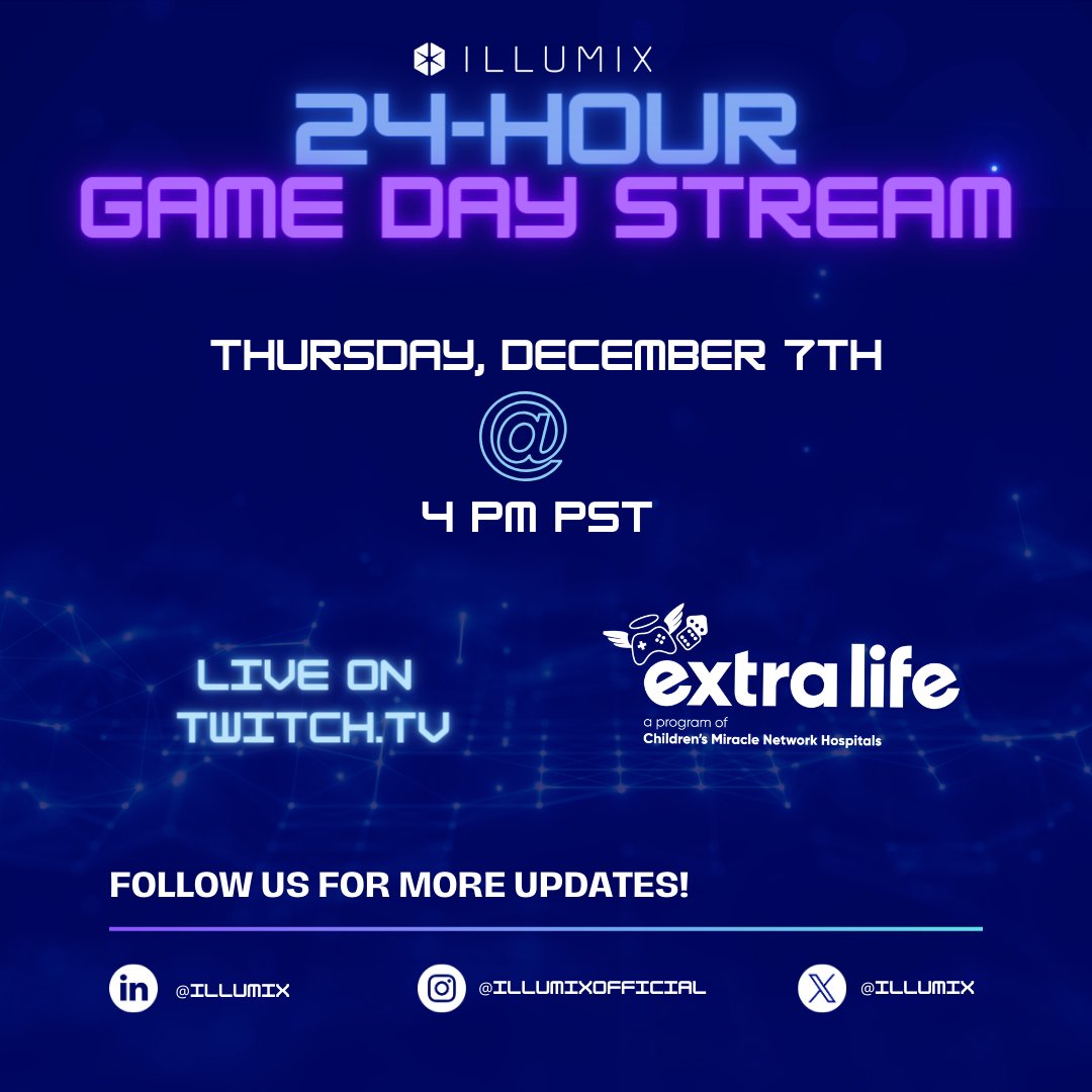 📢 We are excited to announce this year's Extra Life stream. Join us on December 7th at 4:00 PM PST for 24 hours of games 🎮! ❄️ Tis the season of giving, please consider donating to Extra Life here: extra-life.org/team/illumix