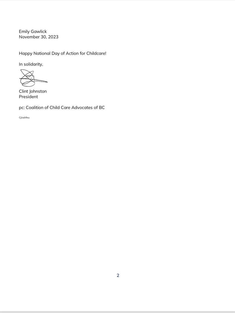 ECEBC1's tweet photo. ECEBC is pleased to share a thank you letter from Clint Johnston of the BC Teachers Federation in honour of Canada Wide Day of Action for ELCC 2023.
#childcaredayofaction #ecewagegrid #10adayplan #StandingStrongTogether #ecebc https://t.co/O0mlSChxha
