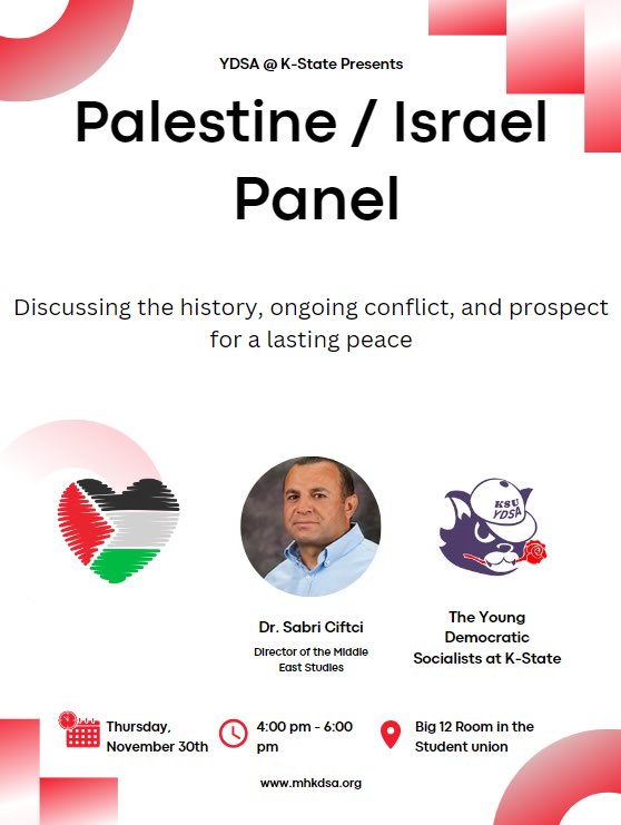 YDSAatKState's tweet photo. Today we are hold a Discussion on the on going conflict in Gaza with Dr. Ciftci. It will be at the Student Union  in the Big 12 Room starting at 4:00! If you are unable to make it in person here is the zoom link: https://t.co/G22SBWCBR6 https://t.co/8AMcZRZalk