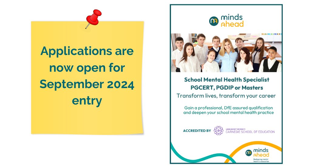 👏We are excited to share with you that applications are now open for the School Mental Specialist Programme. 

Download our brochure for September 2024 entry to find out more! 
--> mindsahead.org.uk/register-your-… 

#schoolmentalhealth #PGCert #PGDiploma #mastersdegree #dfeassured