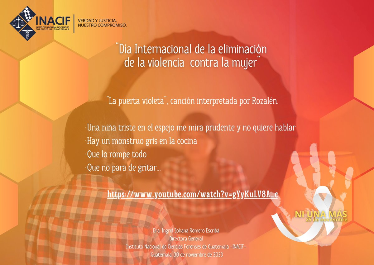 INACIFGT's tweet photo. La prevención de la violencia contra la mujer es una prioridad para todos.

La puerta violeta - Rozalén
https://t.co/htpkmhj7KN

#25N #VerdadyJusticia ⚖️ https://t.co/tKFS3GxBk8