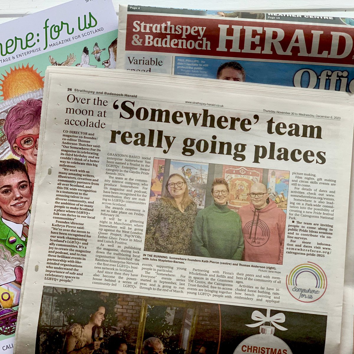 Somewhere_ForUs's tweet photo. ‘Somewhere 🏳️‍🌈 team really going places’ - That’s quite a headline in the @StrathyHerald newspaper today. 

Thanks for sharing the news that we’re a finalist for a @Gaydio #PrideAward and for giving a wee update on our #SomewhereForEveryone community events in the Cairngorms. https://t.co/NkilKaroQO
