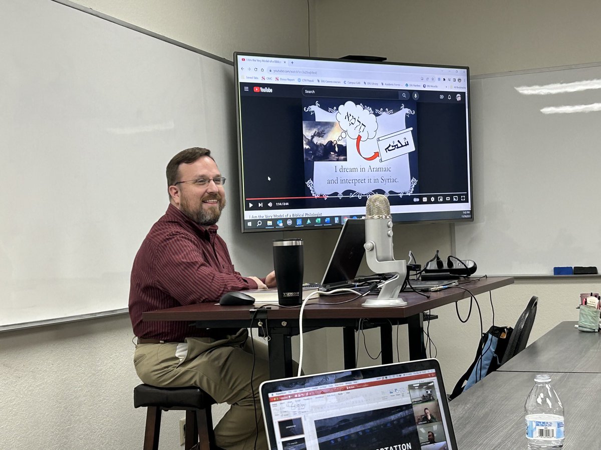 Dr. Joshua Harper exegeting I Am the Very Model of a Biblical Philologist for our Ancient Near Eastern Civilizations class at ⁦<a href="/DallasIntlU/">Dallas International University</a>⁩