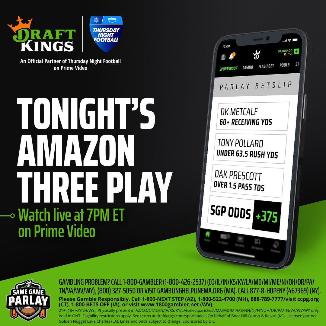 It all goes down in Dallas tonight… week 13 kicks off on TNF! Check out the Amazon Three Play from @DKSportsbook so you can get in on the action for this NFC matchup. #DKPartner