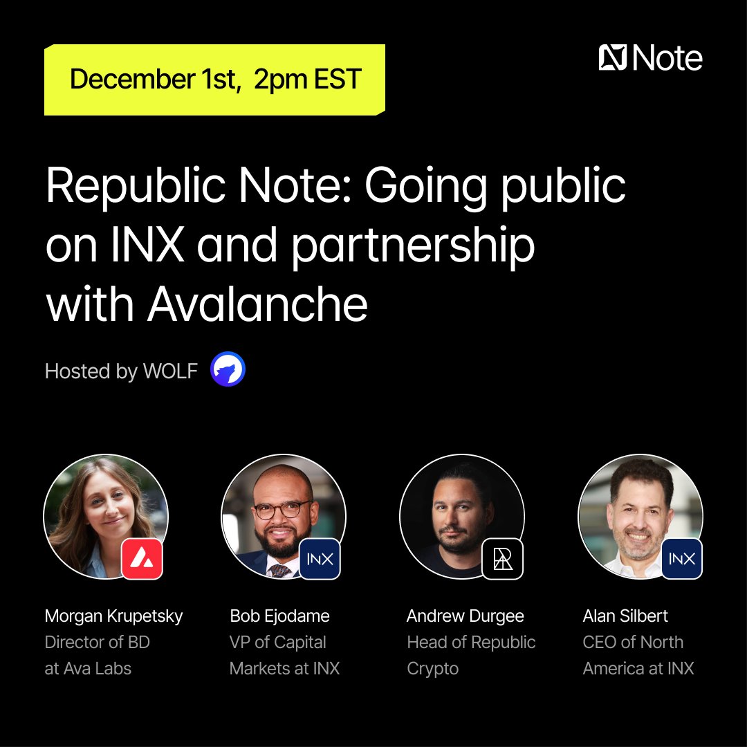 Note's journey to pre-listing on @INX_group has been a collaborative effort with 5 teams across 4 organizations.

Our vision? Trailblaze the growth path for the digital asset industry.

Tomorrow, we dive deeper into the topic with <a href="/INX_Group/">INX</a> and <a href="/avax/">Avalanche🔺</a>, hosted by @wolf_financial.
