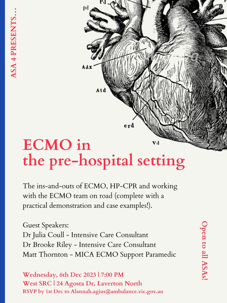 ACParamedicine's tweet image. This Wednesday 6 December, the College is pleased to support @AmbulanceVic in delivering a #ParaCPD event on #ECMO and #HPCPR!

This Melbourne face-to-face event is also being livestreamed and is free to watch.

Secure your online attendance at bit.ly/ECMO-Melbourne